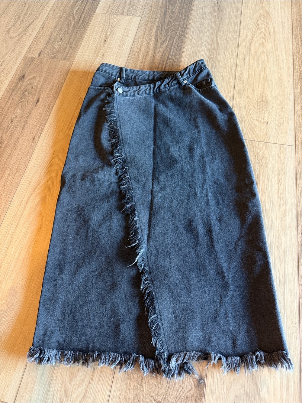 Impressions Black Frayed Asymmetric Denim Midi Skirt
